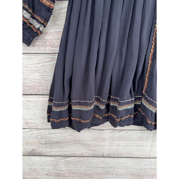 Free People Faux Wrap V-Neck Embroidered Mini Dress Women's Medium Black - Picture 5 of 13